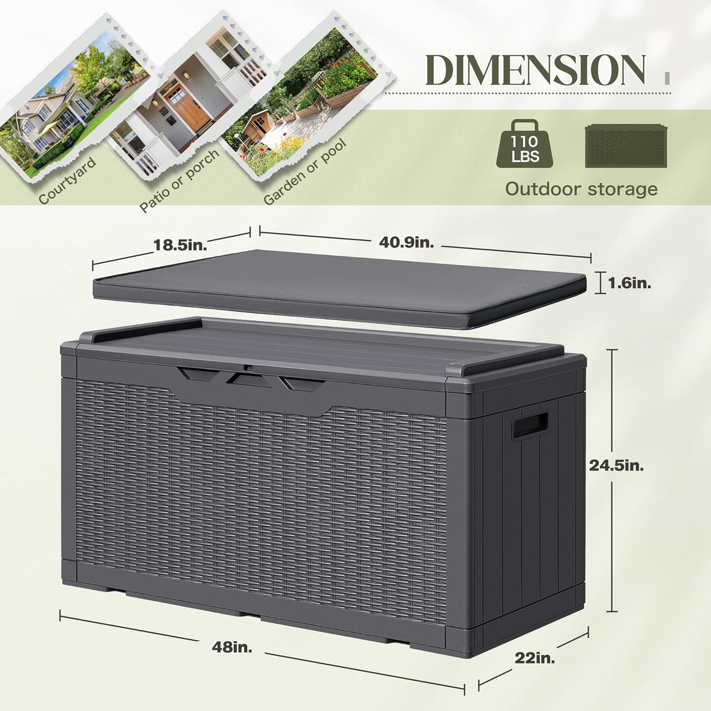 Greesum 100 Gallon Resin Deck Box Large Outdoor Storage with Cushions for Patio Furniture, Garden Tools, Pool Supplies, Weatherproof and UV Resistant, Lockable,Gray