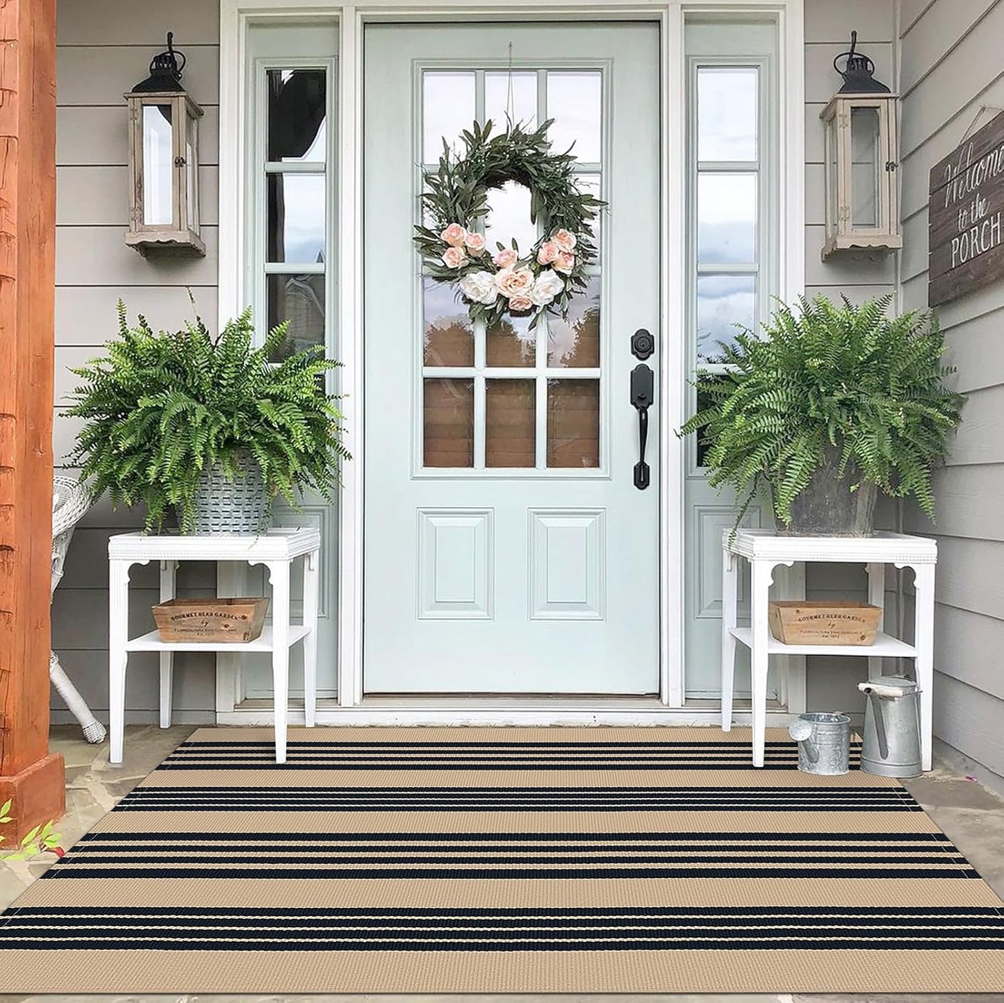IOHOUZE Black and Tan Striped Rug 4'x6' Front Door Rugs Outdoor, Washable Area Rug for Double Front Porch, Large Patio Rug Outdoor Indoor, Doormat for Entryway Porch Entrance