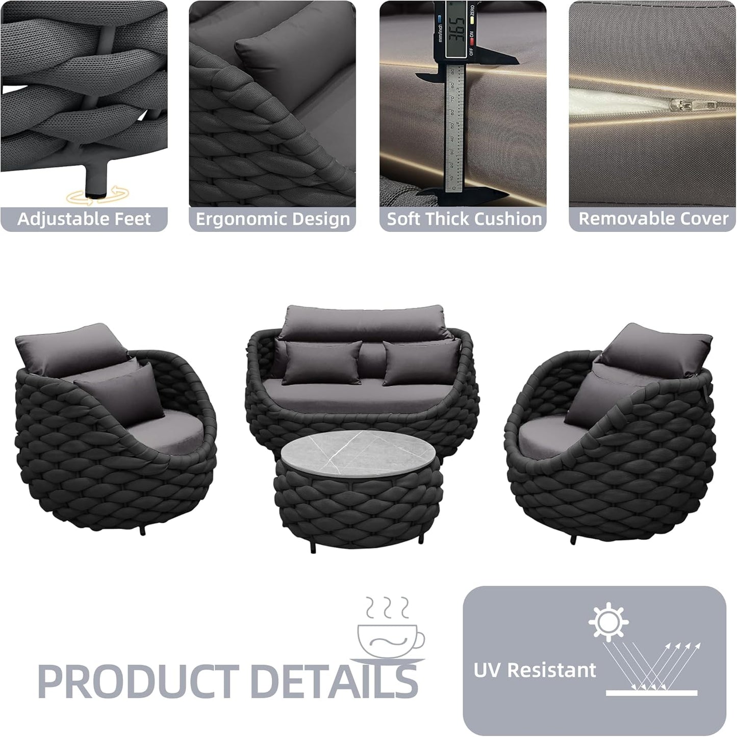 6 Pieces Patio Furniture Set, Outdoor Rope Conversation Sectional Patio Sofa with 6 Seater for Backyard, Porch, Modern Armchairs with Thickness Cushions and Side Table, Dark Grey