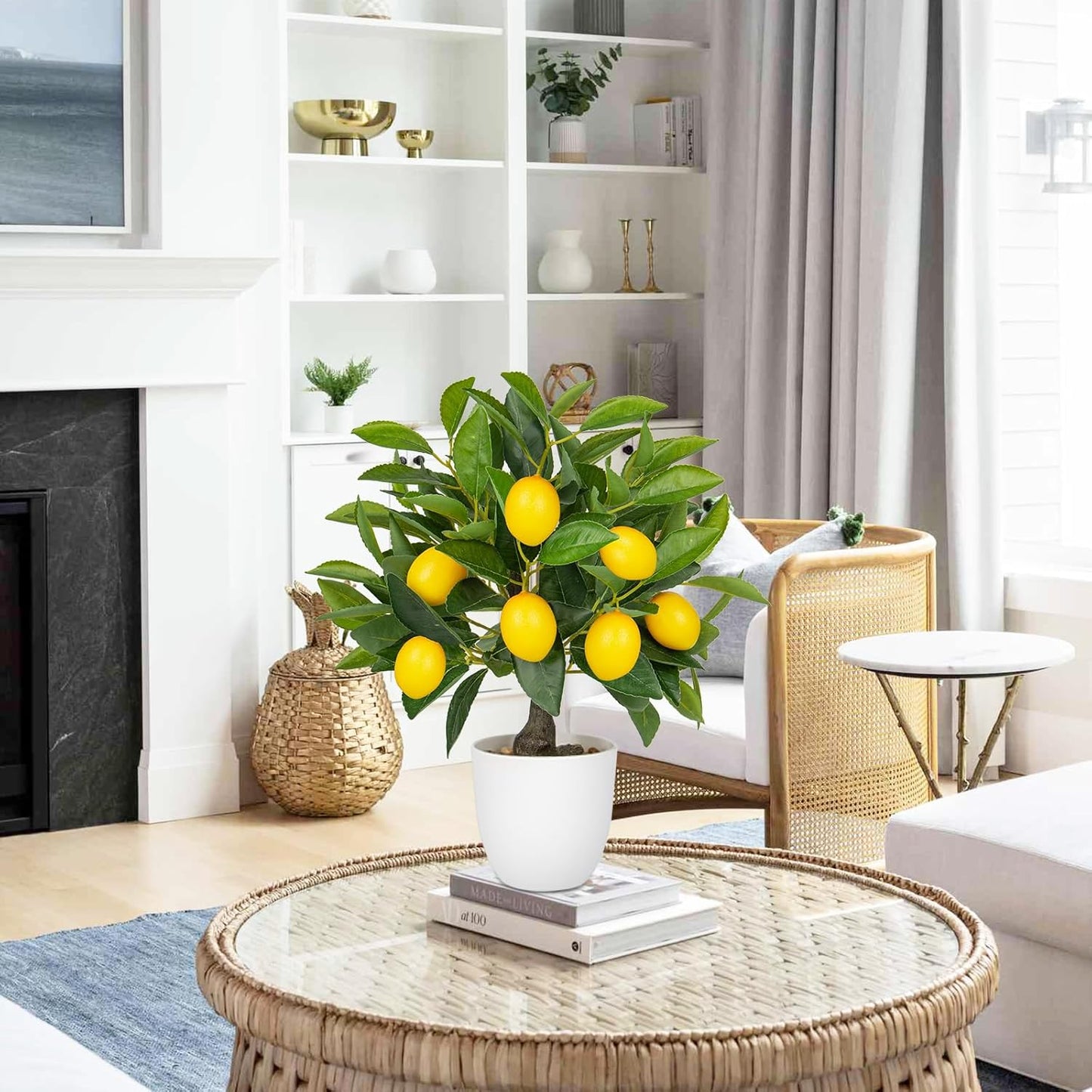 Artificial Potted Plants 15.7 inches Fake Lemon Tree Artificial Lemons Citrus Tree with White Pot Faux Plants Indoor for Home,Office, Living Room Table, Desk