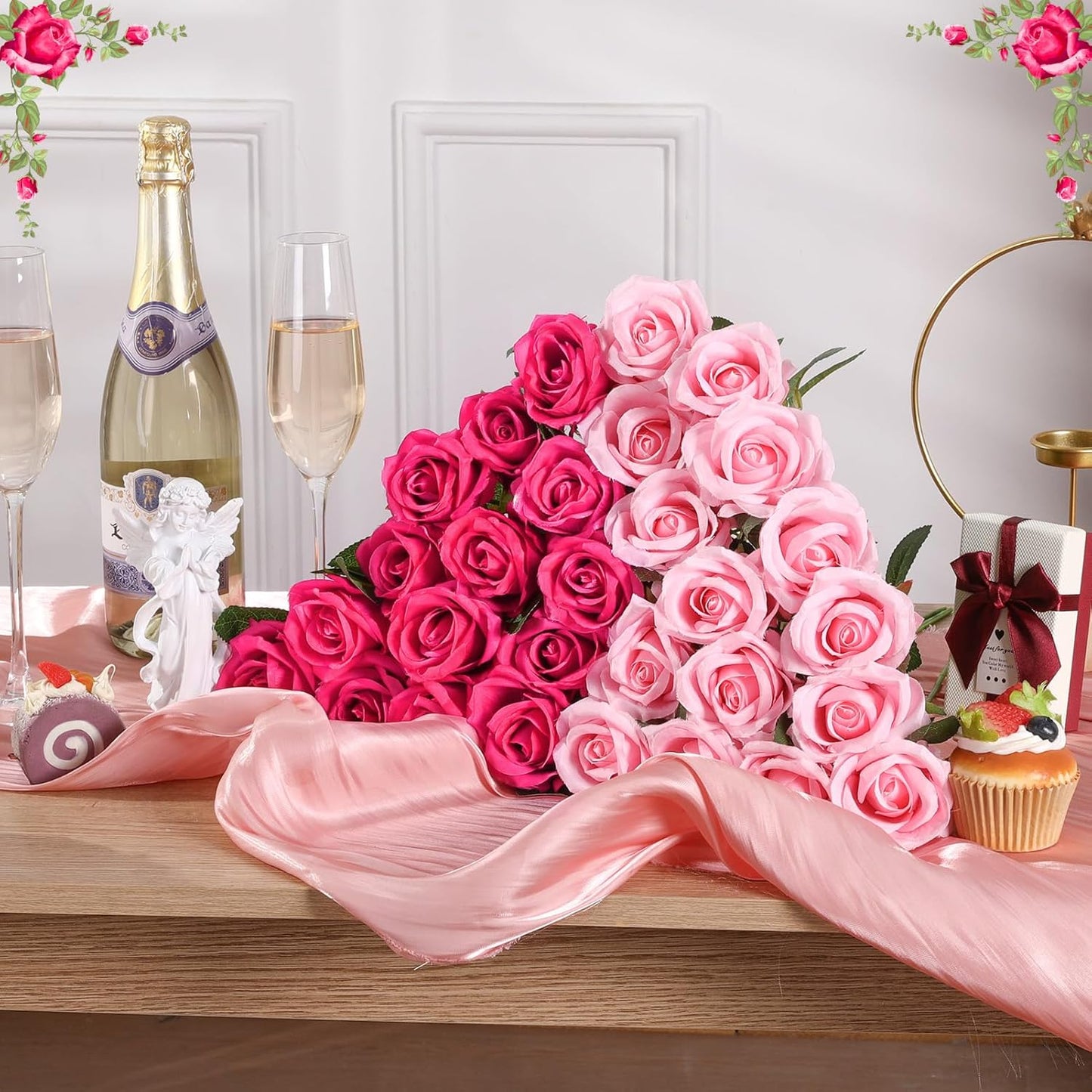 36 Pcs Pink, Hot Pink Artificial Roses with Long Stems, Fake Silk Rose Artificial Flowers Bulk for Bridal Wedding Bouquet Centerpiece Ball Arrangement Party Decor