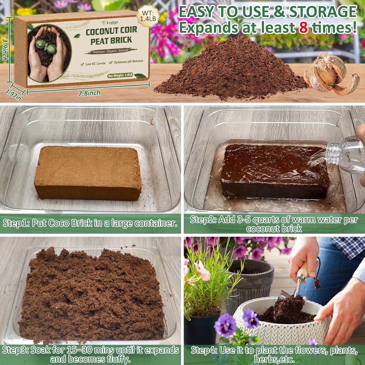 Legigo 2 Pack Premium Coco Coir Brick for Plants- 100% Organic Compressed Coconut Coir Bricks Starting Mix, Coco Coir Fiber Coconut Husk for Planting, Gardening, Potting Soil Substrate, Herbs