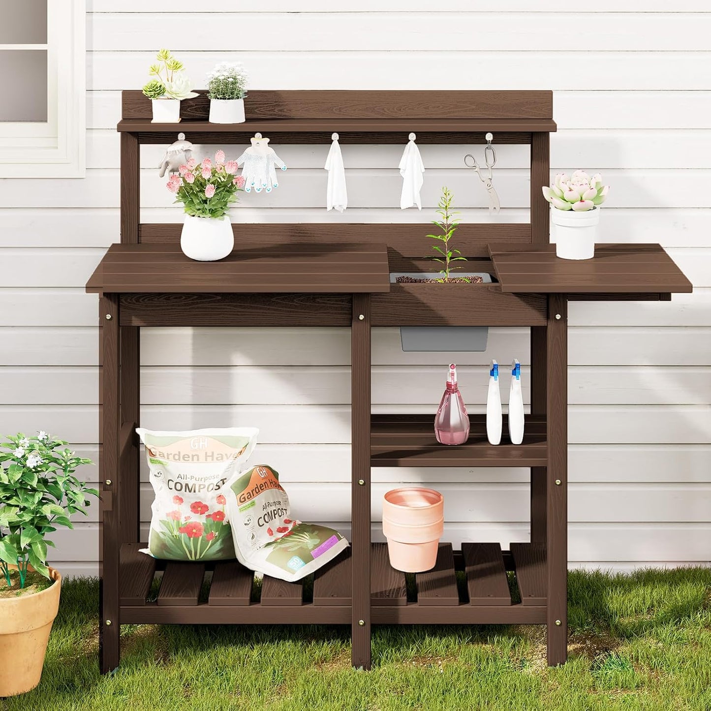 SERWALL Potting Bench Set of 2 Outdoor Potting Table with Sink, HDPE Potting Benches for Outside Gardening Table All Weather Use- Coffee