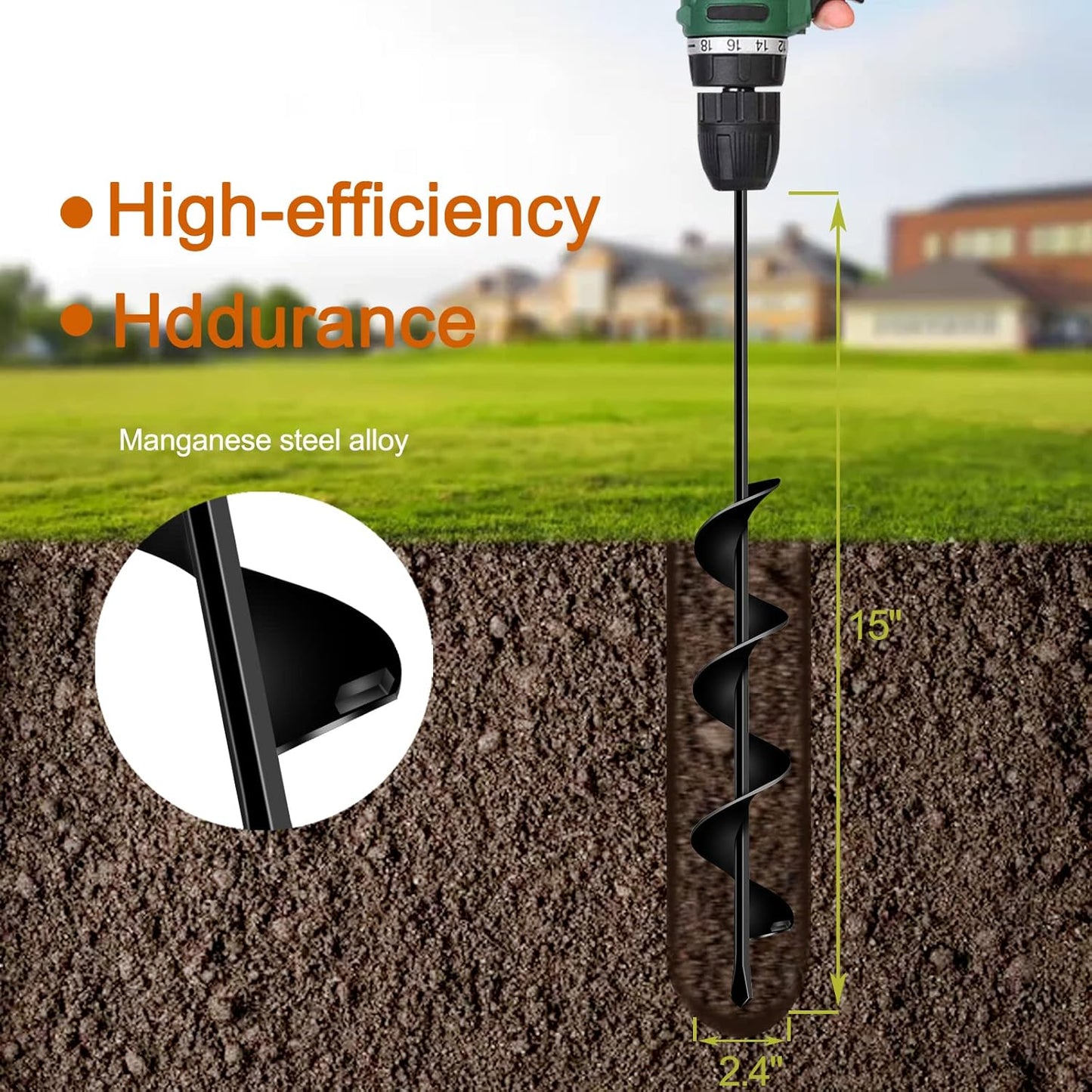 LONGRUN Auger Drill Bit for Planting, Garden Spiral Hole Drill for 3/8” Hex Drive Augers, Solid Shaft Hole Digger Easy Rapid Planter for Planting Trees, Bulbs, Seedlings-2.4"x22.84"