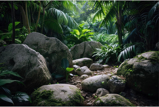 Reptile Habitat Backdrop Lush Tropical Plants and Rocks Terrarium Backdrop Dense Vegetation with Large Broad Leaves and Ferns Fish Tank Background Aquarium Wallpaper Poster Decor Vinyl 24x16in