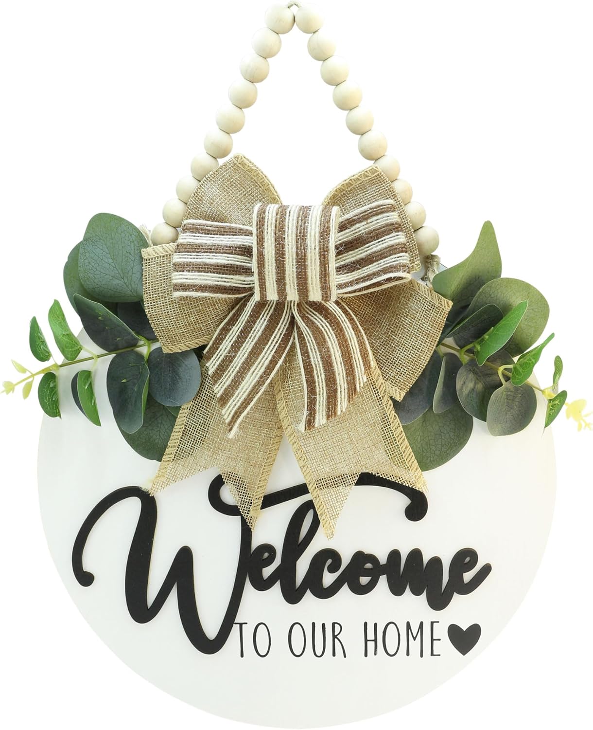 3D Welcome Sign for Front Door |Home/Farmhouse Porch Décor Wooden Hanging Sign with Artificial Leaves and Rustic Beads | Christmas Classroom |12" Round|White