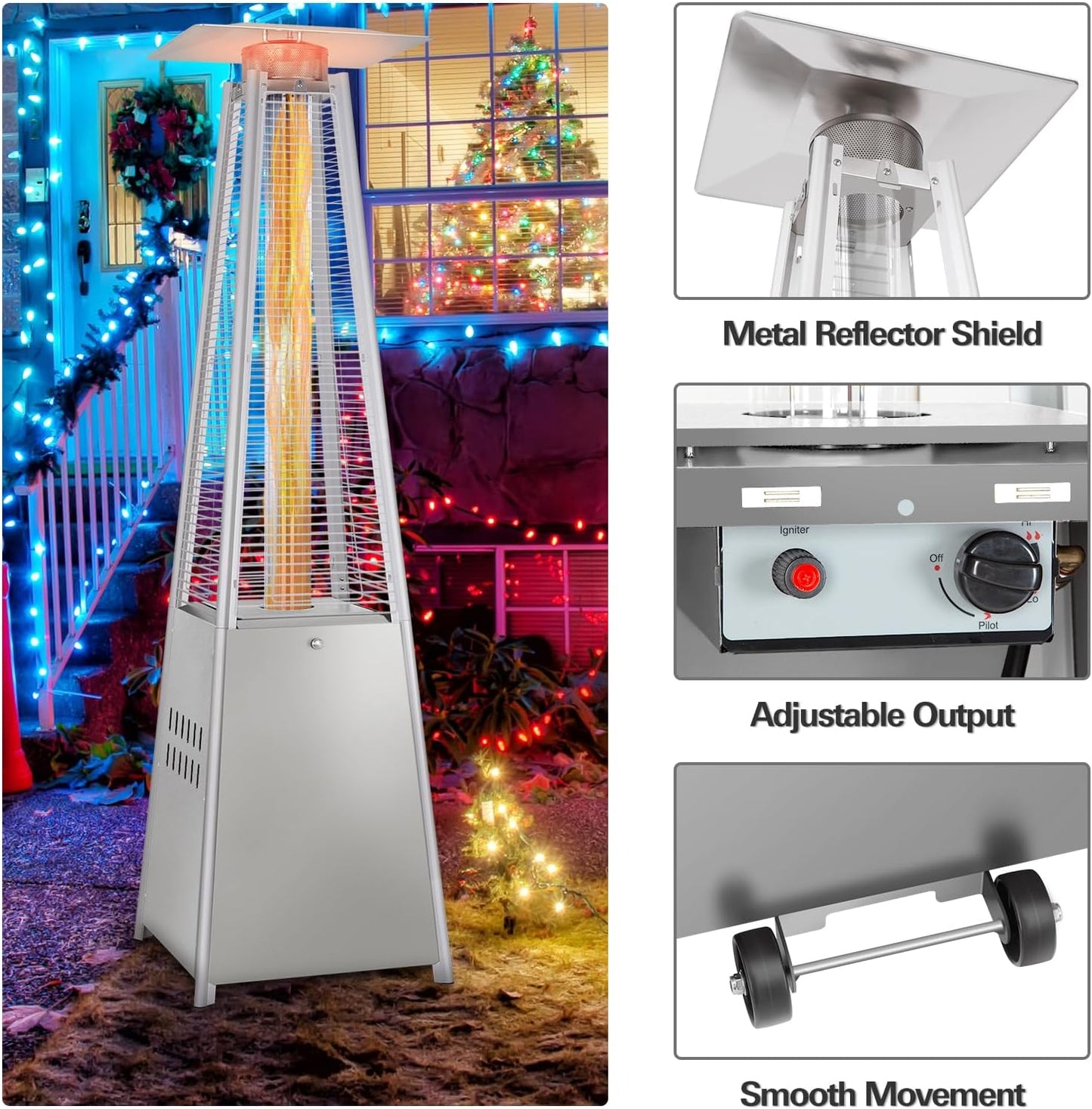 Hykolity 48000 BTU Pyramid Patio Heater, Outdoor Propane Heaters with Wheels and Cover, Glass Tube Propane Patio Heater for Backyard, Garden, Porch and Pool, Silver Grey