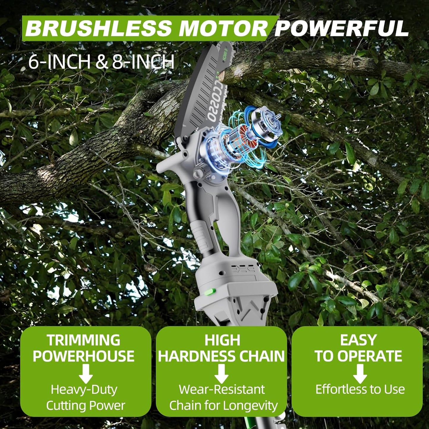 3-in-1 Electric Pole Saws for Tree Trimming 6&8" Mini Chainsaw Cordless with Extension Pole, 850W Brushless Motor,Auto Oiling,Total Reach of Max 15ft, Pole Saw for Home & Garden & DIY
