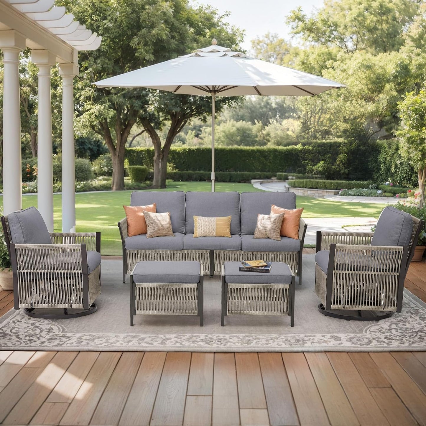 Patio Furniture Wicker Outdoor Conversation Set, 5-Piece All Weather Patio Furniture Rattan Rocking Sets w/Removable Cushions & Ottomans for Backyard, Balcony, Deck, Dark Grey