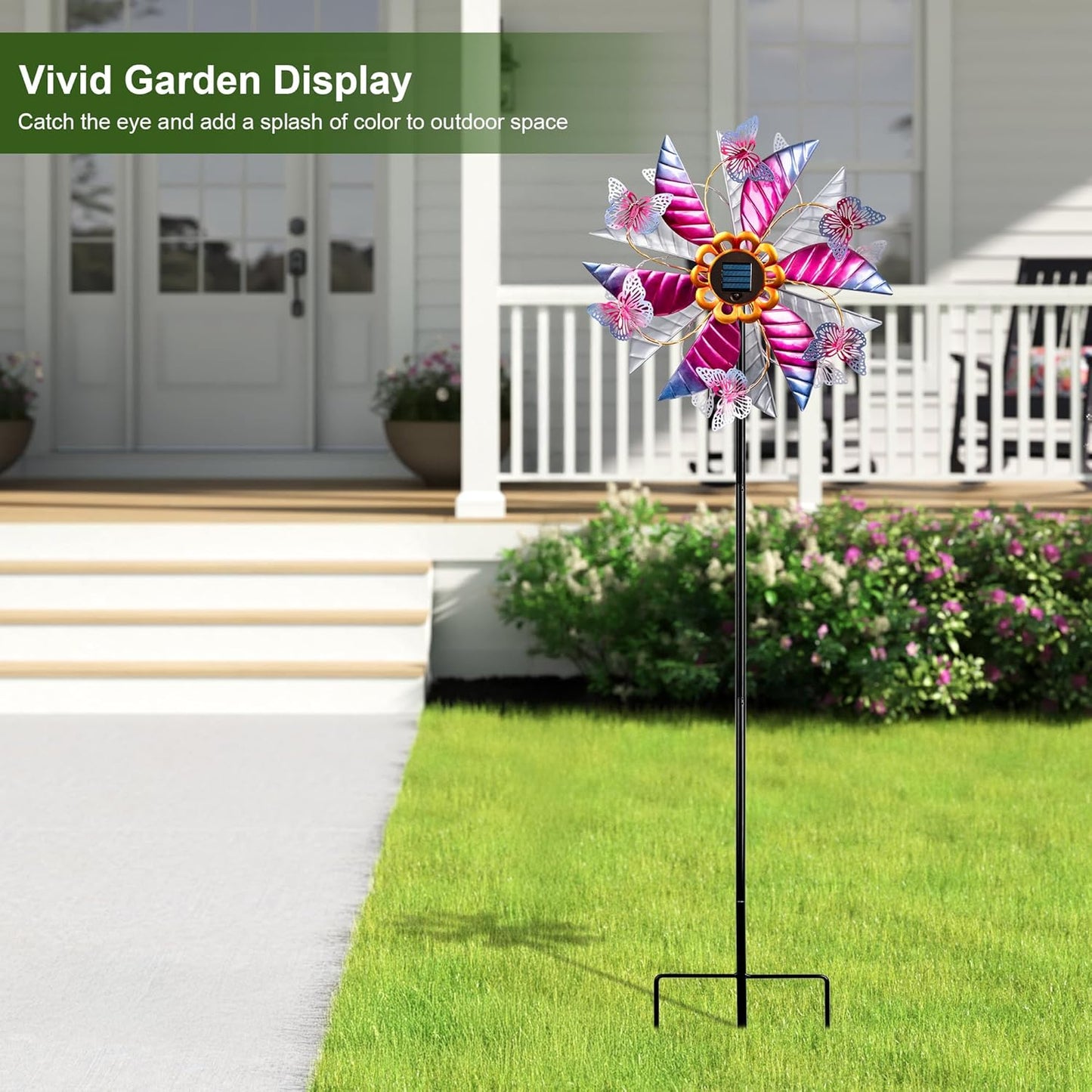 Solar Wind Spinner Outdoor, 360° Metal Large Butterflies Wind Sculpture with Outdoor Kinetic Windmills with Vine String LED Lights for Decor Garden Patio, Lawn & Yard