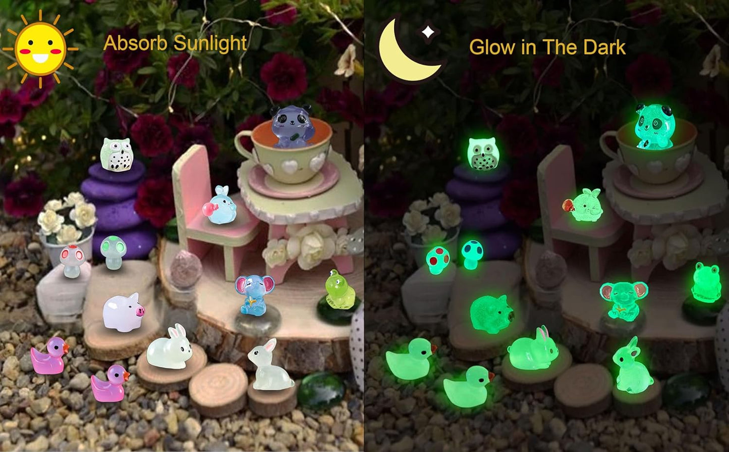 Luminous Mini Resin Animals 100 Pcs Tiny Animals Mini Ducks Owls Tiny Frogs Pandas Dinosaurs Small Birds Elephants Little Rabbits Glow in The Dark Garden Miniatures Fairy Garden Accessories