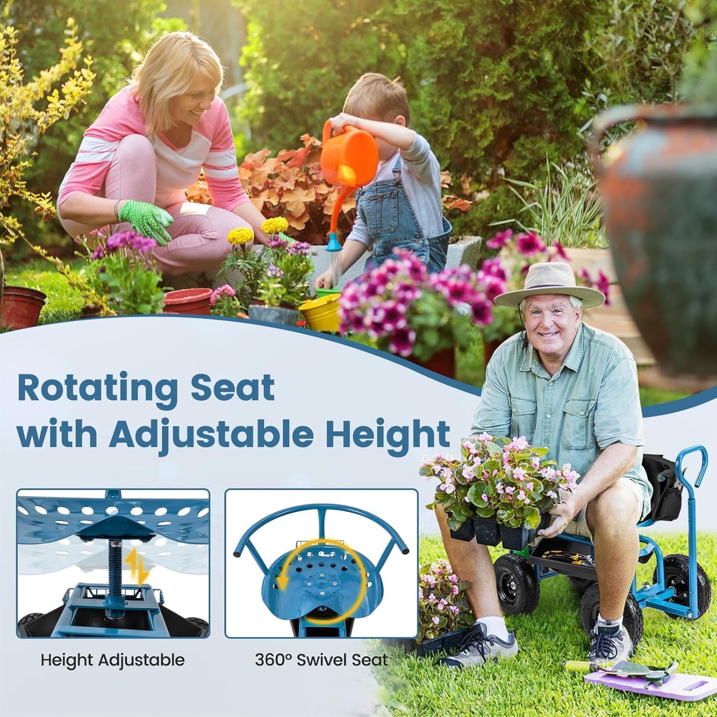 Goplus Garden Seat with Wheels, Rolling Gardening Stool with Adjustable 360° Swivel Seat, Tool Tray & Storage Basket, Extendable Handle, Outdoor Gardening Scooter, Garden Cart Workseat for Seniors