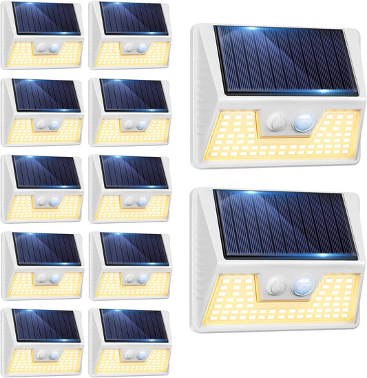 12 Pack Solar Lights Outdoor Motion Sensor, Waterproof Fence Lights with 3 Lighting Mode, Warm White LED Deck Lights for Outside Wall Yard Steps Stairs Garden - White