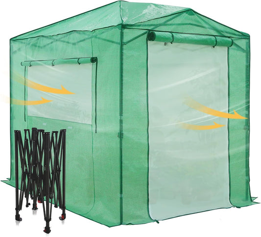 EAGLE PEAK 8x6 Portable Walk-in Greenhouse Instant Pop-up Indoor Outdoor Plant Gardening Green House Canopy with Dual Roll-up Zipper PE Door & Upgraded Screen Mesh Door, PE Cover, Green/Clear
