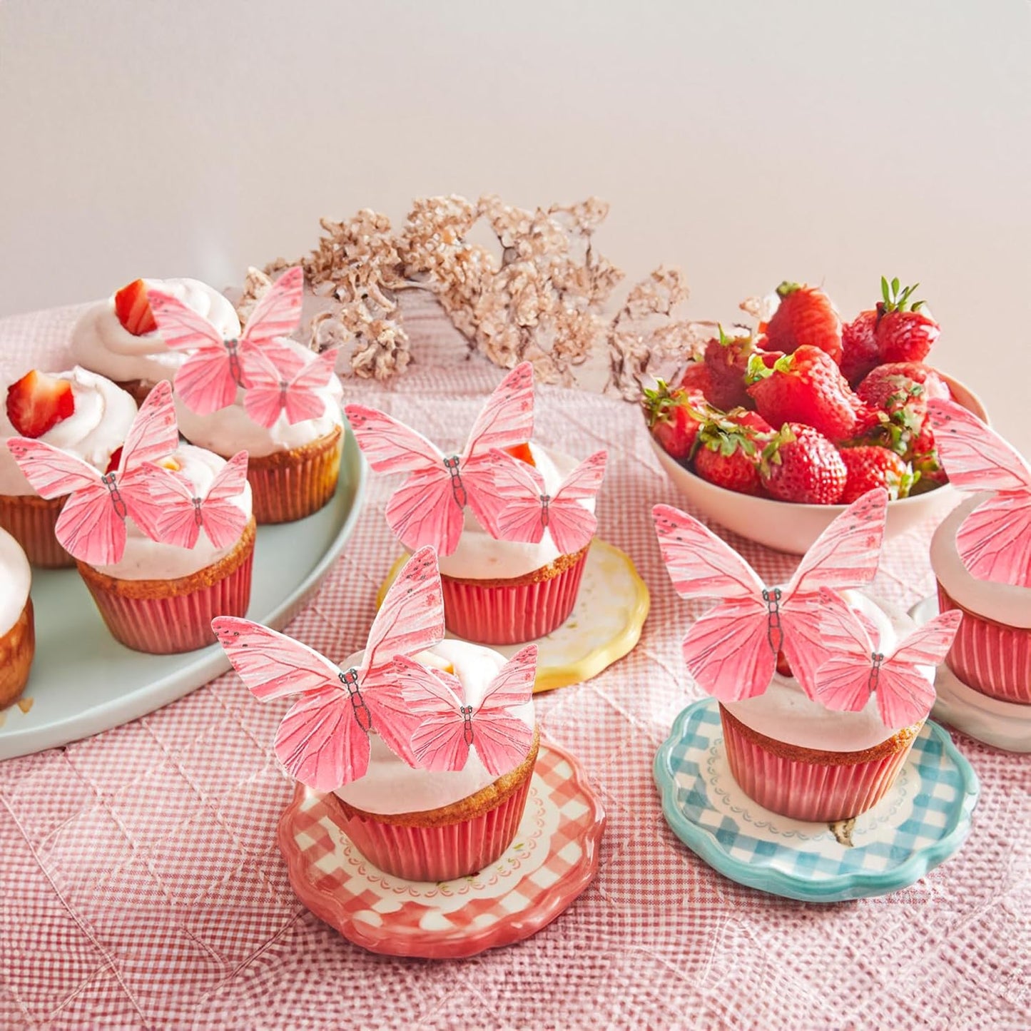 Ephlyn 72Pcs Edible Butterfly Cupcake Toppers 3D Realistic Butterfly Cake Picks Cute Cupcake Decorations for Baby Shower Boys Girls Birthday Party Decorations Red