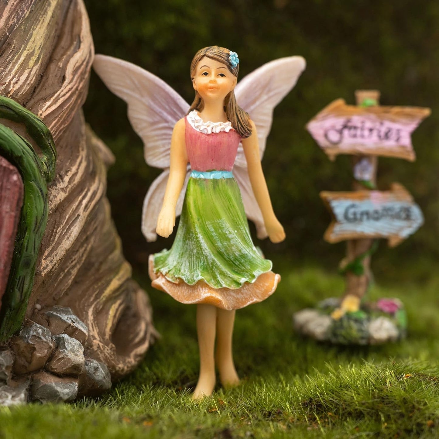 PRETMANNS Fairy House Kit - Fairy Garden Accessories for Outdoor Miniature Village Decor, with Fairies & Sign - House, 7 ‘ High & Door can Open Wide - 4 Piece Supplies
