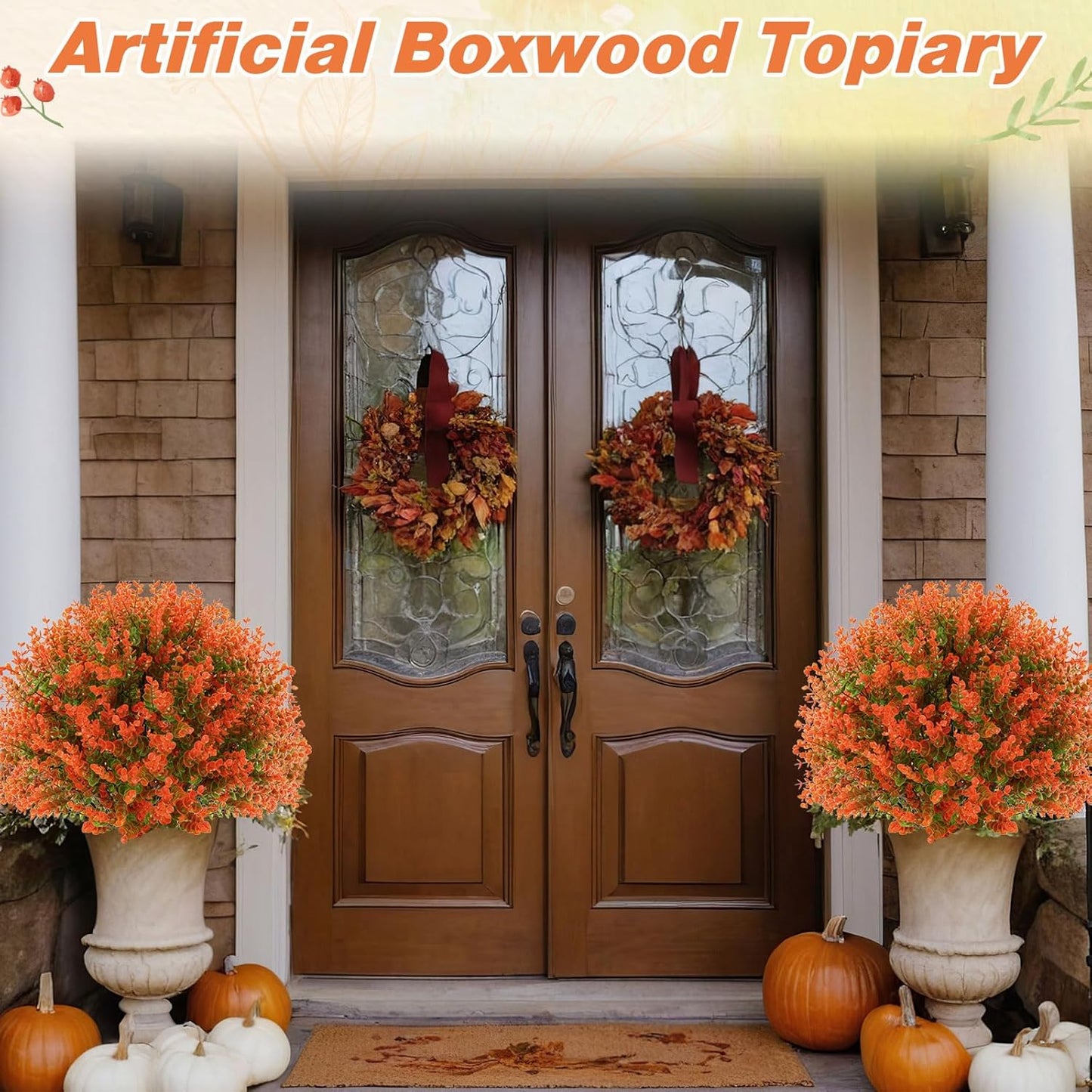 Yunlly 4 Pcs 18 Inch Fall Artificial Boxwood Ball Topiary Tree Outdoor Plants Bush, UV Resistance Faux Shrub with Spike Fall Porch Decor for Indoor Garden Yard Porch Patio Decor (Orange)