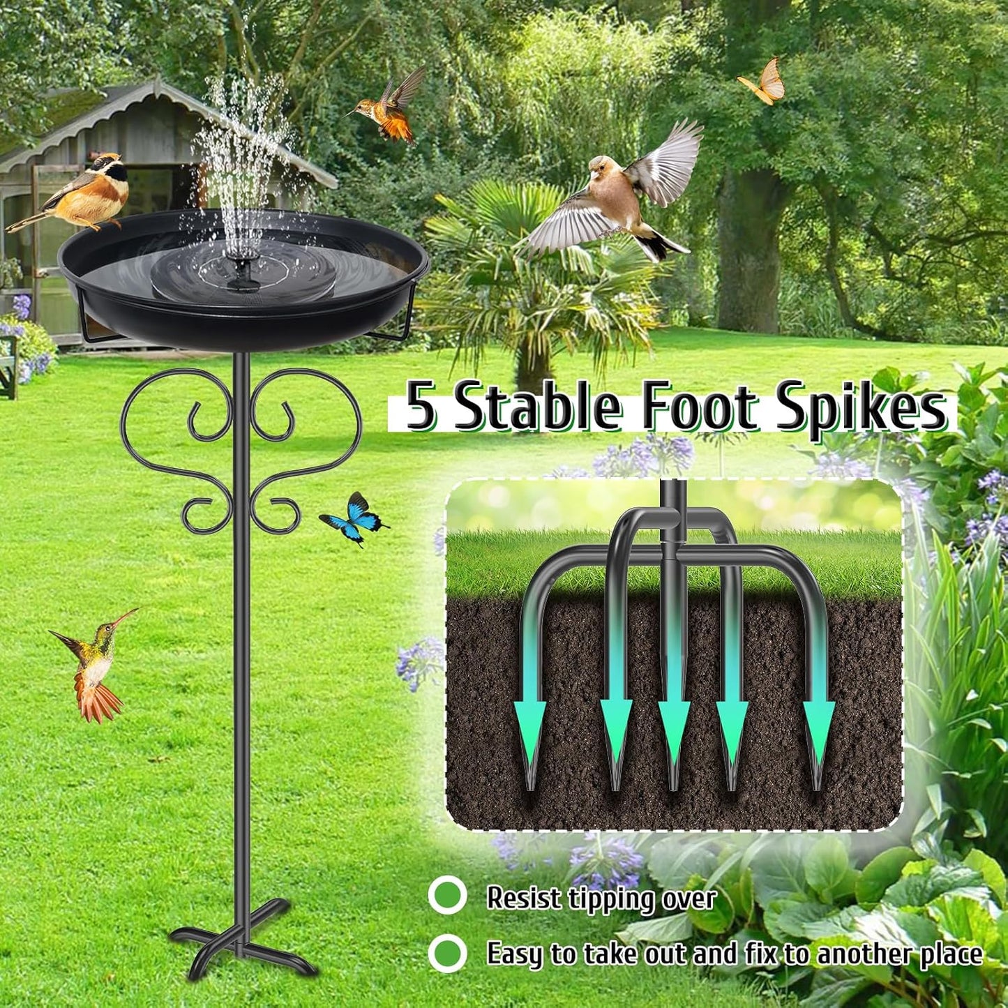 40In Bird Baths for Outdoors, Metal Birdbath Birdfeeder with Heavy Duty 5 Prong Stake, Vintage Detachable Bird Bath Water Feeder Bowl for Garden Yard Lawn Decor Black