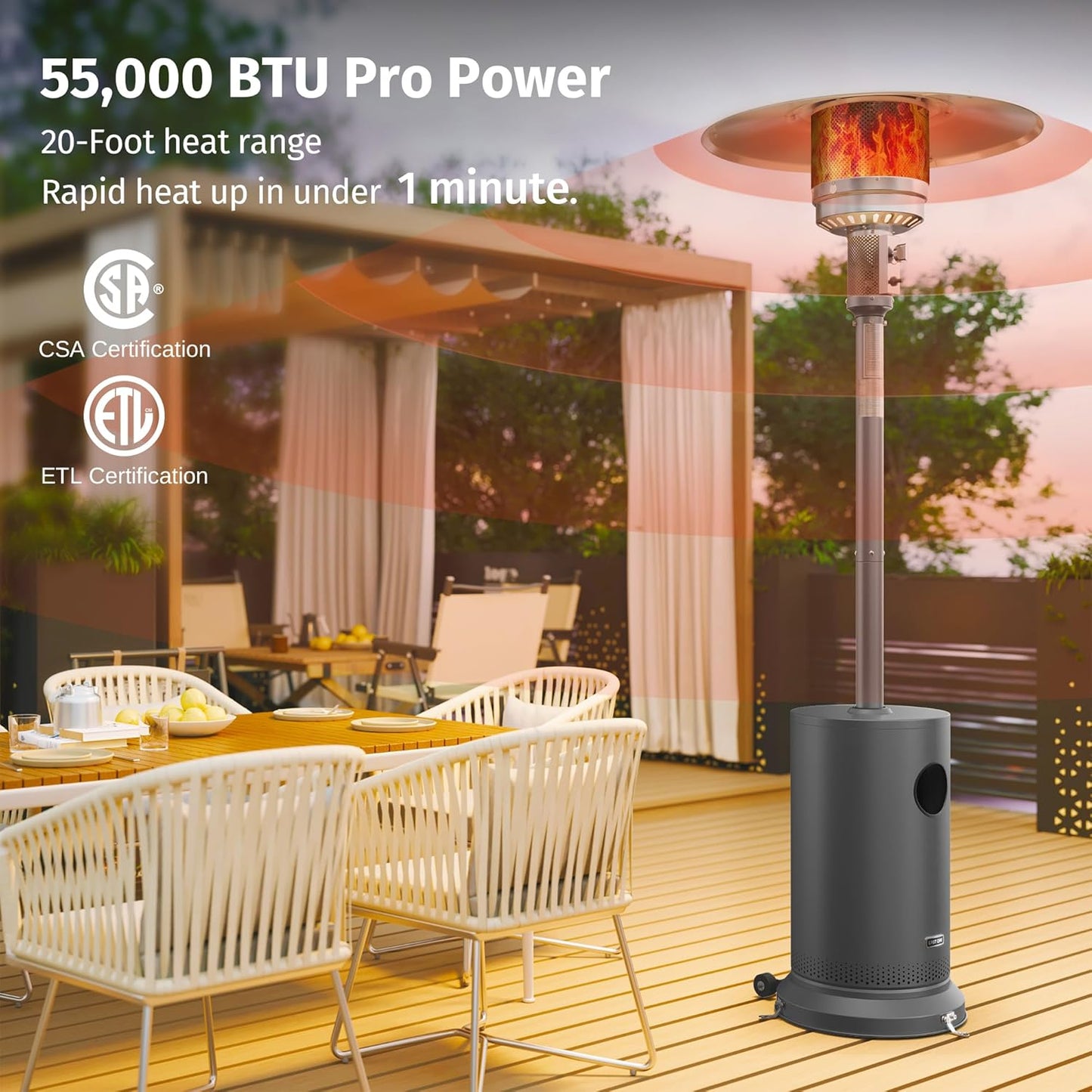 EAST OAK 55,000 BTU Propane Patio Heater with Round Table & Stainless Steel Burner, Outdoor Heater with Wheels, Ideal For Large Patios, Gardens, Outdoor Events, Commercial Use, Gray