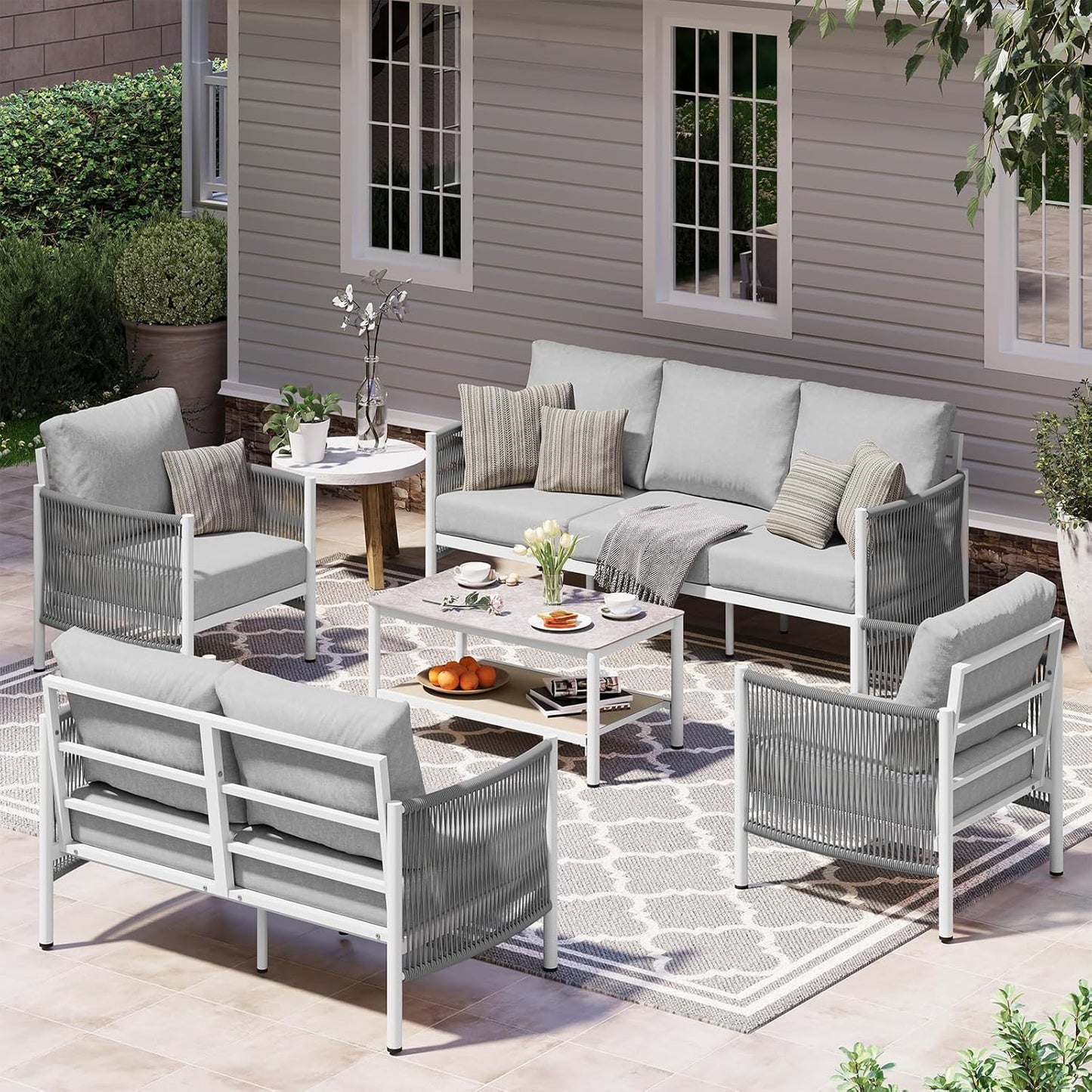 Aluminum Outdoor Patio Furniture Set, HDPE Rope 5 Piece Modern Sectional Conversation Sets with Dual-Layer Coffee Table, All Weather Patio Couch Sofa with Thick Cushions, White Frame, White