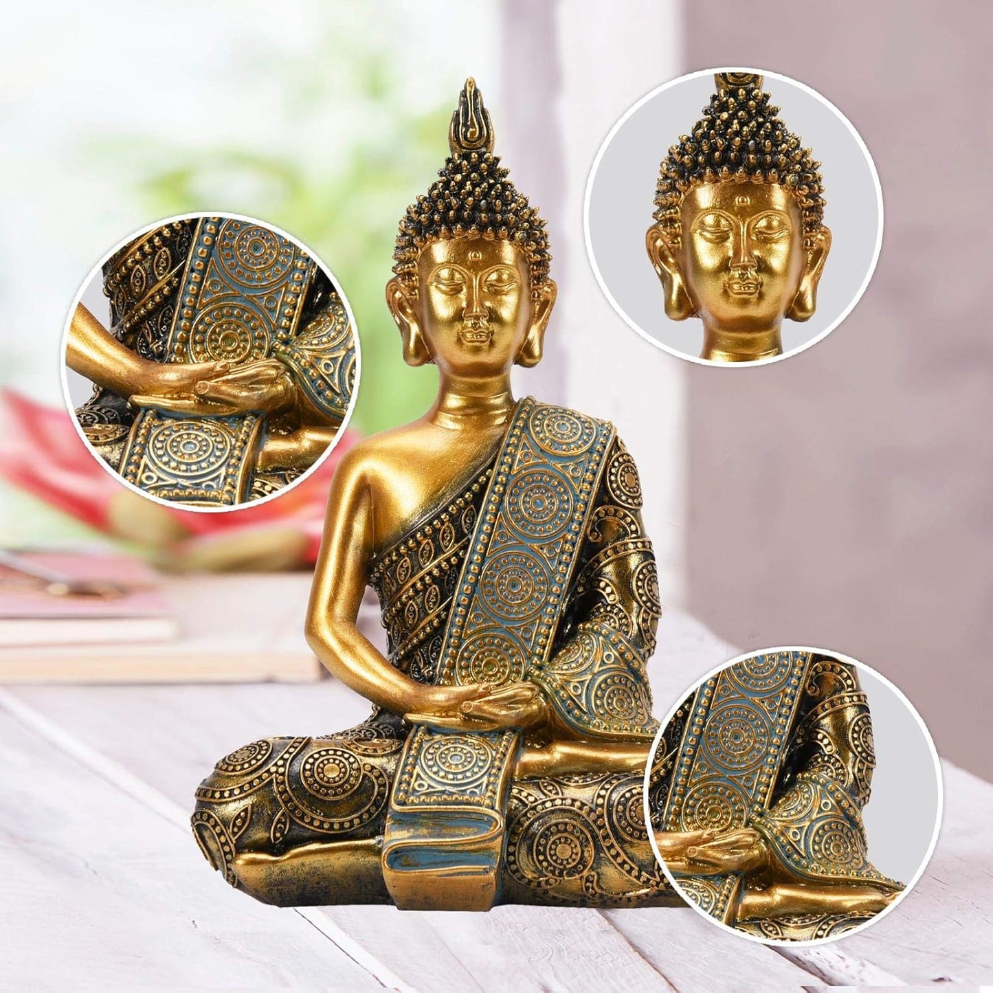 Nacome Meditating Seated Thai Buddha Statue Praying Collectibles Figurines,Zen Garden Buddha Sculpture-Indoor/Outdoor Decor for Home,Porch Yard Art Decoration,polyresin,Gold Buddah,Gift