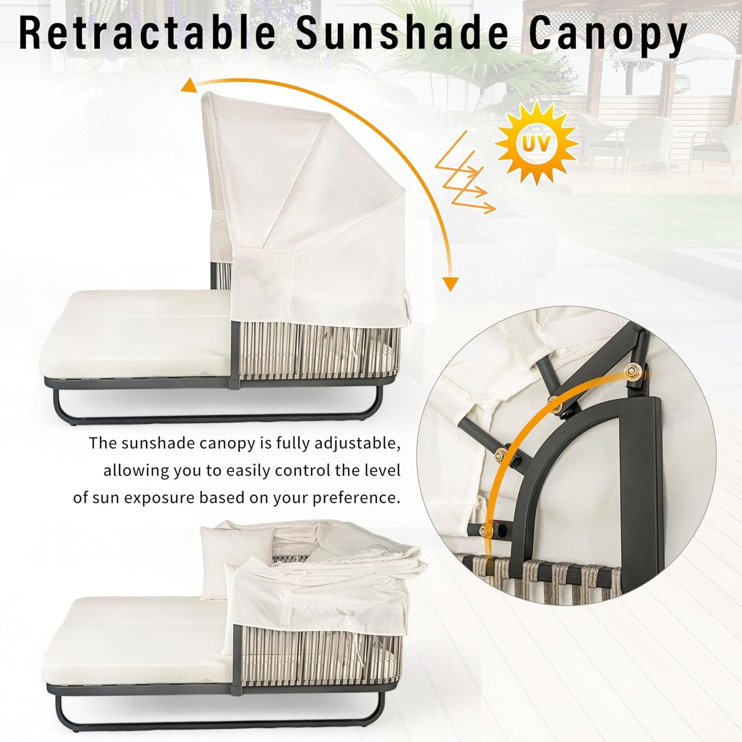 kevinplus Outdoor Patio Sunbed Daybed Double Lounge with Adjustable Canopy for Garden Backyard Pool, Iron Frame & Rattan Material & Moveable Cushion Cover, Beige