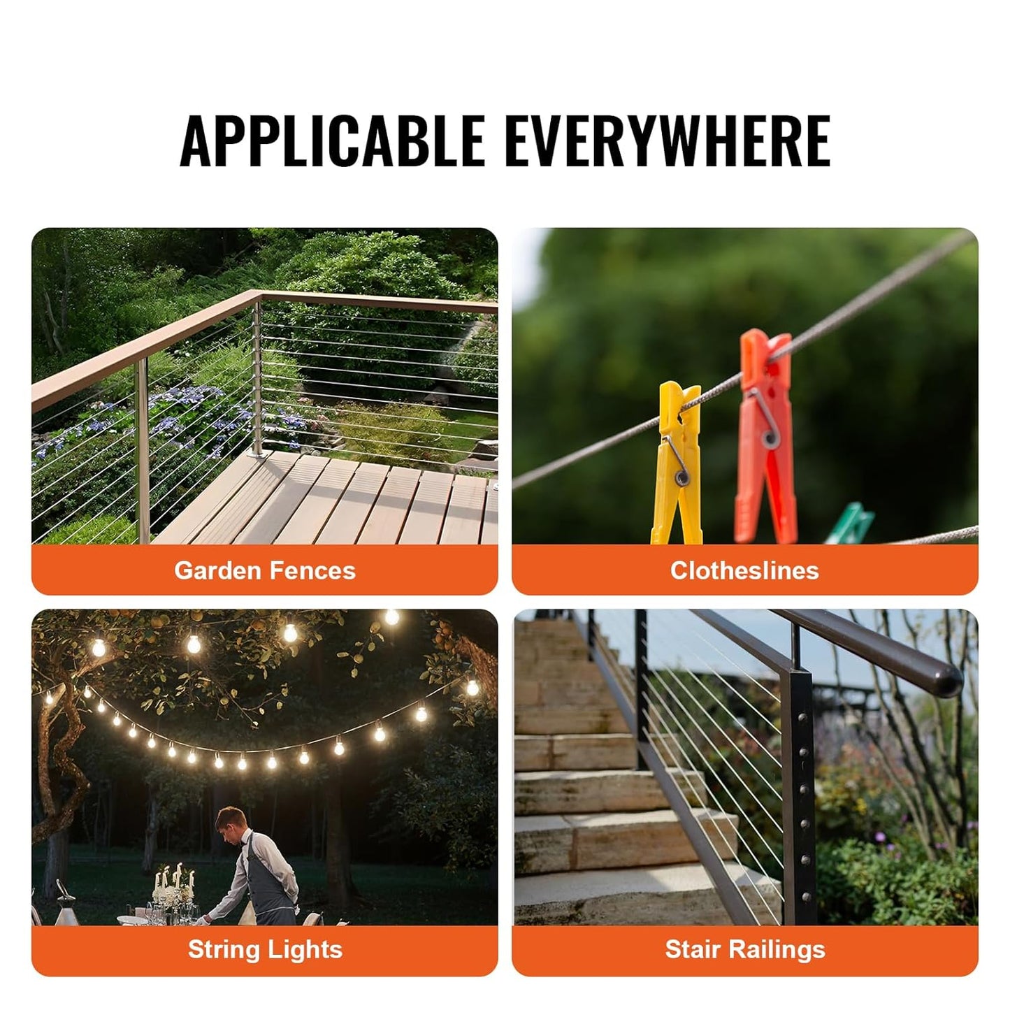 VEVOR 1/16 Wire Rope Kit, 66 FT Wire Rope Crimping Tool 304 Stainless Steel Cable, 160 Sleeves, 12 Thimbles, 7x7 Strands Construction Marine Aircraft Grade for Handrail Stair Decking Fence Outdoors