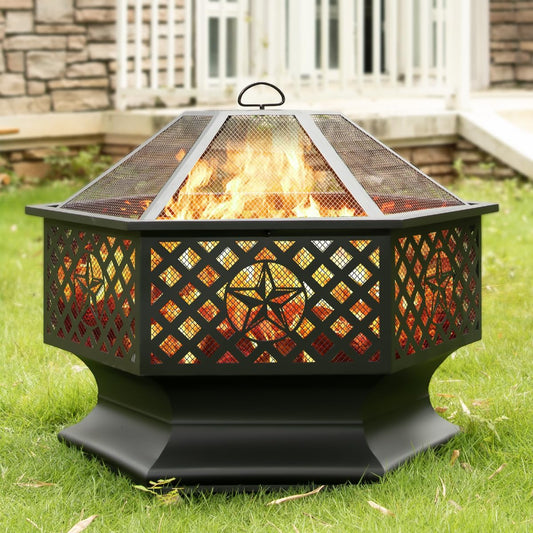 33 Inch Outdoor Fire Pit, Hexagon Shaped Wood Burning Fire pits for Outside, Metal Firepit with Fire Poker&Mesh Cover for Bonfire, Patio, Yard, Garden,Beach and Camping (33'' Black)
