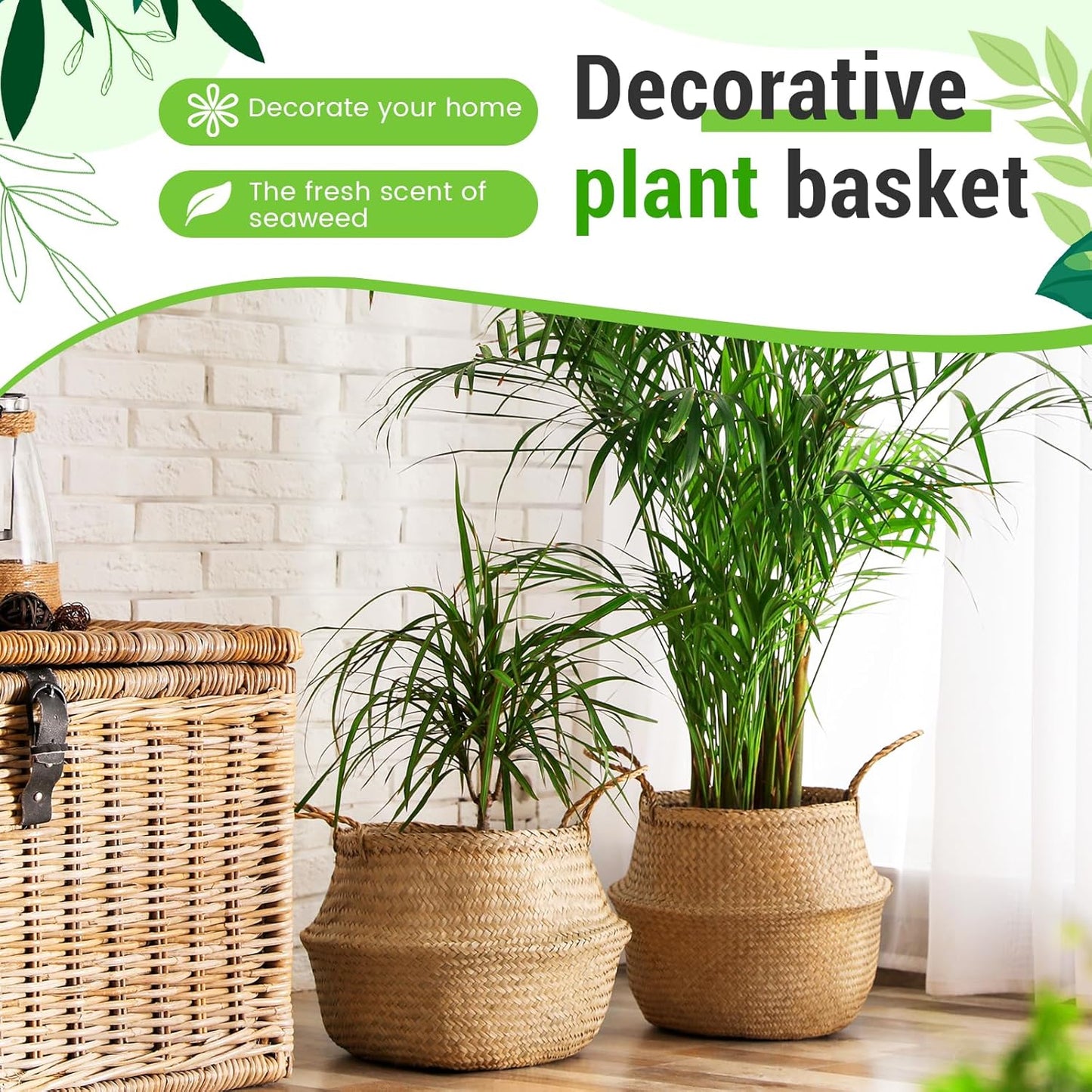 2 Pack Large Wicker Plant Basket with Handle 10 Inch Woven Seagrass Belly Basket and Artificial Moss for Plants Picnic Grocery Laundry House Storage Home Decor (Large)