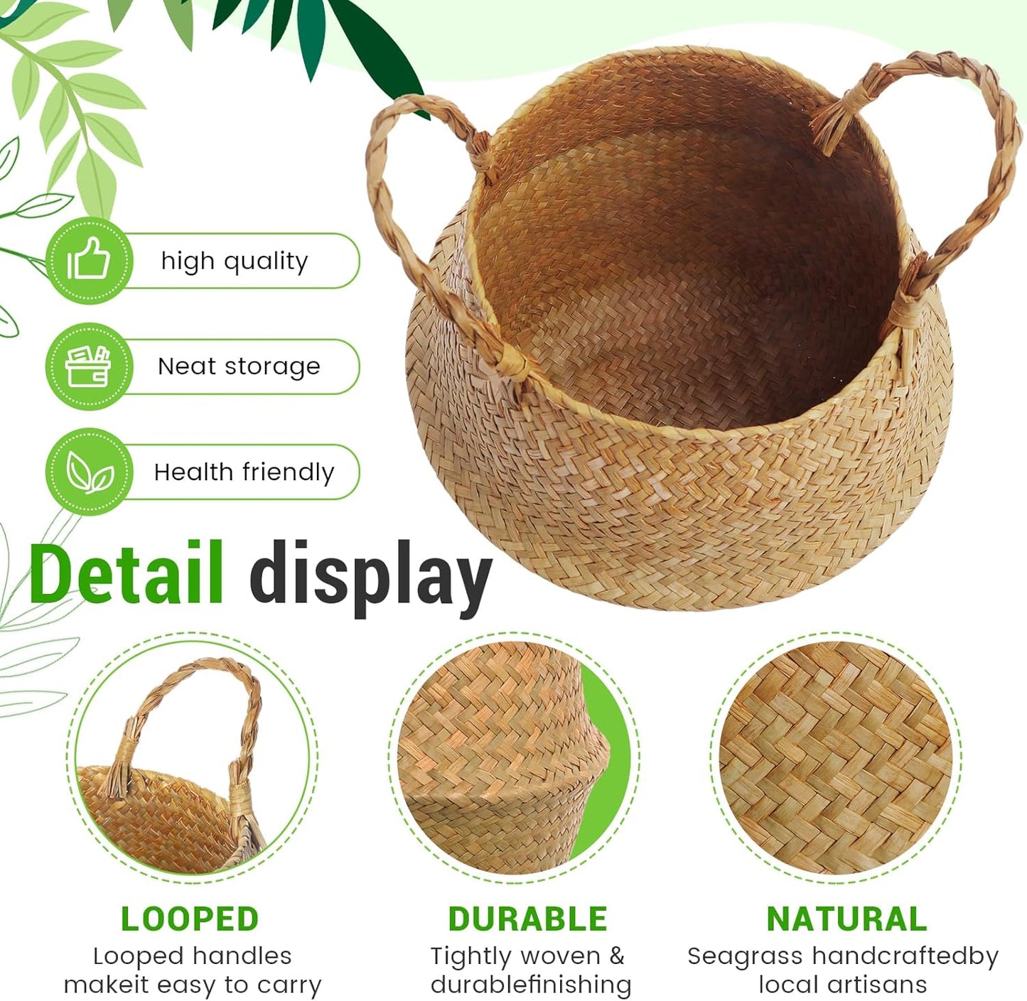 2 Pack Large Wicker Plant Basket with Handle 10 Inch Woven Seagrass Belly Basket and Artificial Moss for Plants Picnic Grocery Laundry House Storage Home Decor (Large)