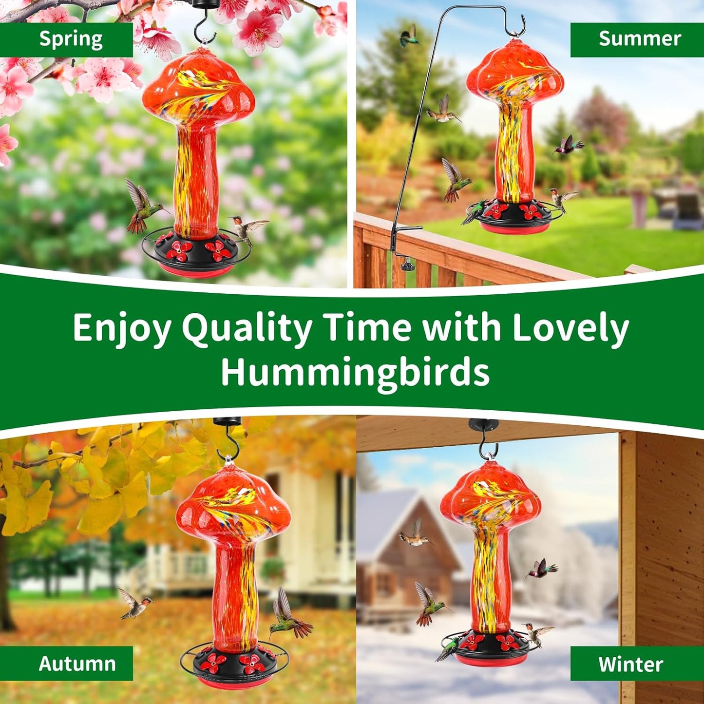 45 Ounce Hummingbird Feeders for Outdoors Hanging Ant and Bee Proof, Unique Hand Blown Glass Hummingbird Nectar Feeder, Gifts for Garden Decor Backyard, Red Feather