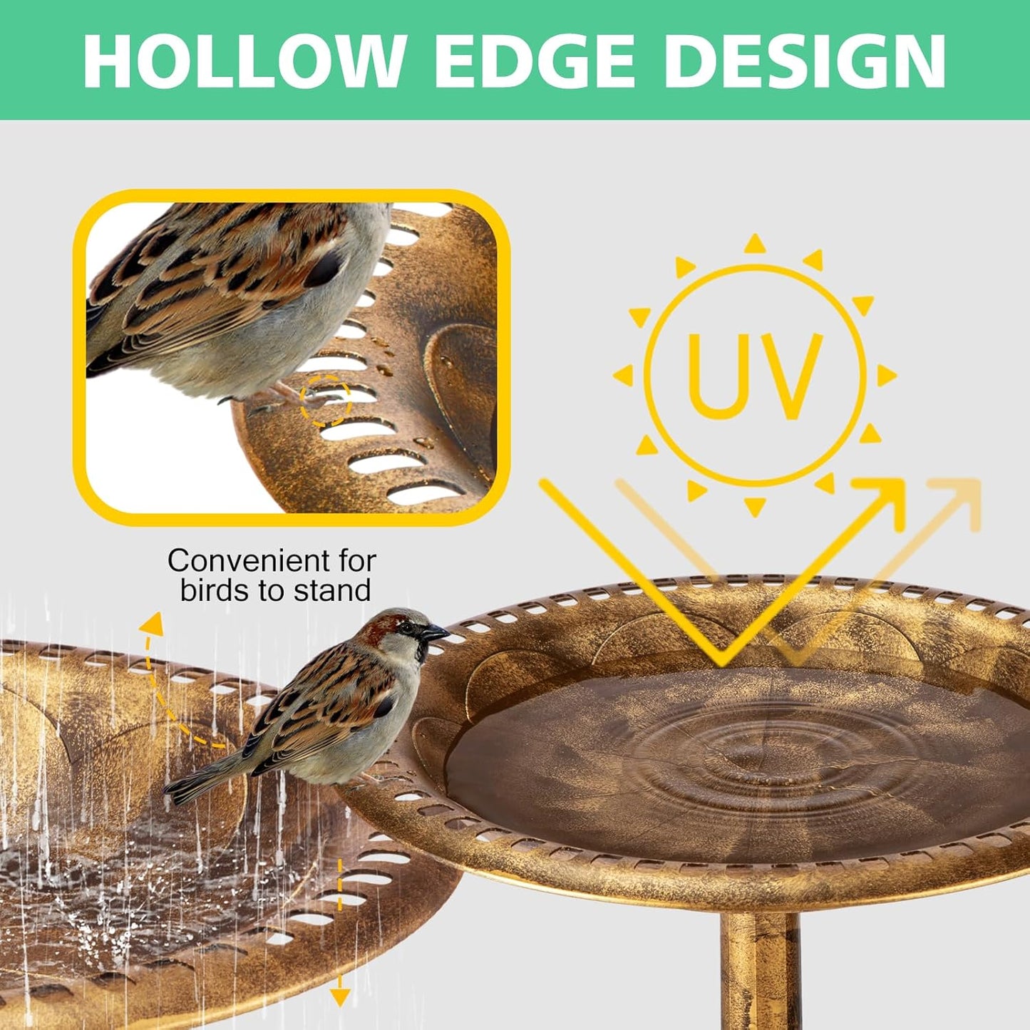 Bird Bath for Outside with 4 Removable Flower Planters 28in Polyresin Lightweight Vintage Birdbath for Outdoors Stake Standing Bowl and Water Feeder Yard Garden Decor Bronze