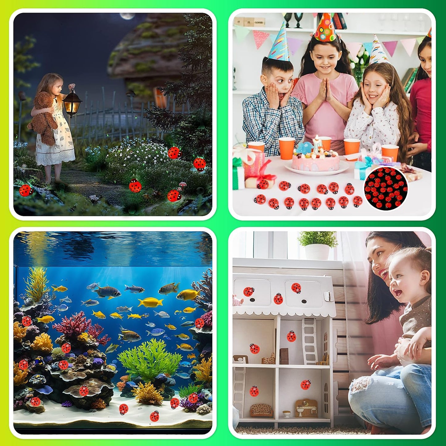 KIMOBER 100PCS Mini Luminous Ladybug Miniature Figurines,Glow in Dark Resin Animals Ladybug Figures for Fairy Garden Micro Landscape Decor Cake Topperr