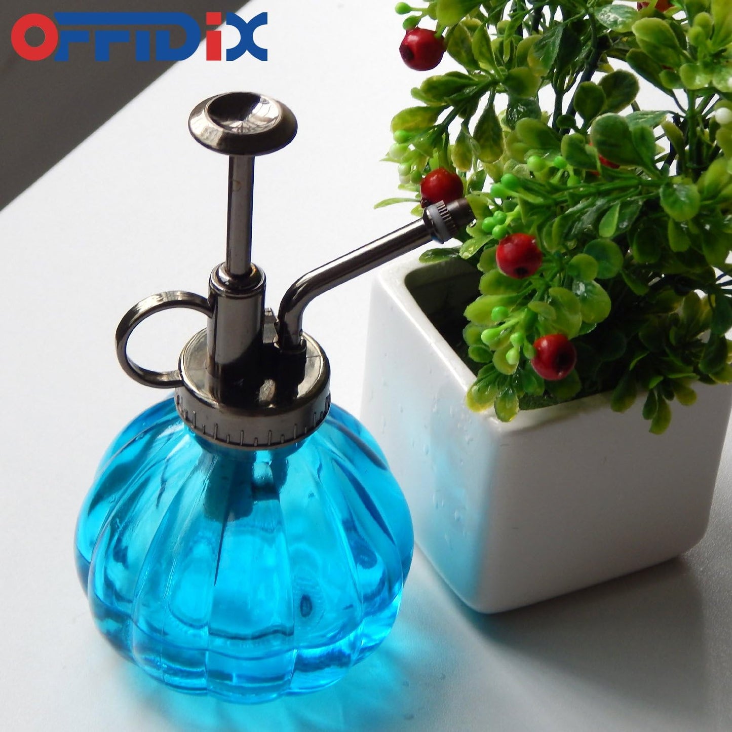 OFFIDIX Glass Watering Spray Bottle, 6.3" Tall Vintage Style with Bronze Plastic Top Pump One Hand Watering Can Spray Bottle (Light Blue)