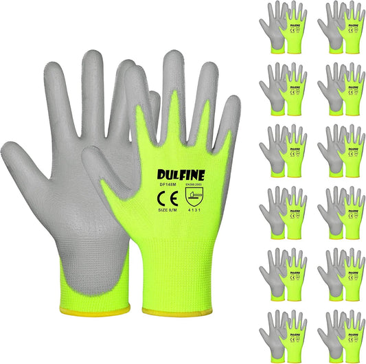 DULFINE Safety Work Gloves for Men PU Coated 12 Pairs Bulk Pack,Hi-Vis Yellow Seamless Knit Glove with thin Polyurethane Coated Smooth Grip on Palm & Fingers,Ideal for General Duty Work (Medium)