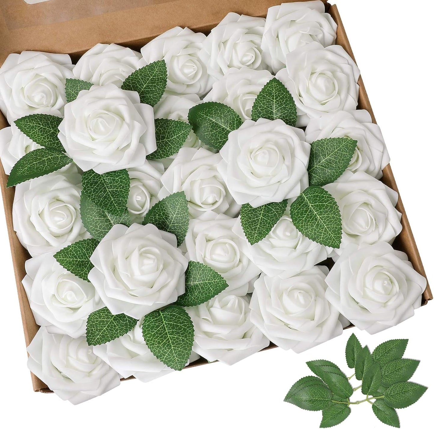 AmyHomie Artificial Flower White Rose 25pcs Real Looking Fake Roses w/Stem for DIY Wedding Bouquets Centerpieces Arrangements Party Baby Shower Home Decorations