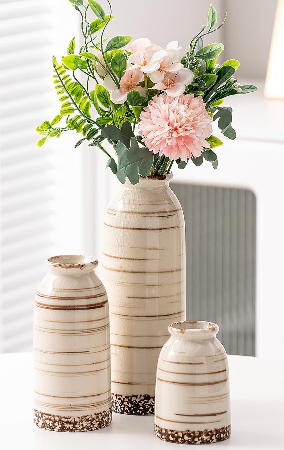 Beige Ceramic Vase Set of 3, Farmhouse Decorative Vase for Pampas Grass, Living Room, Bathroom, Bookshelf, Centerpieces Beige