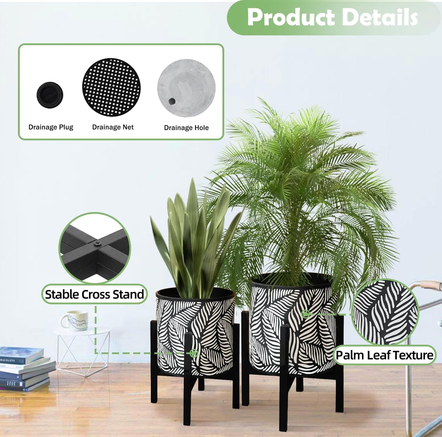 10 & 12 Inches Plant Pot with Stand Set of 2, Decorative Palm Leaves Printing Planter with Holder, Garden Pot for Snake Plant, Monstera, Houseplants - Indoor Outdoor Flower Pots with Drainage Holes