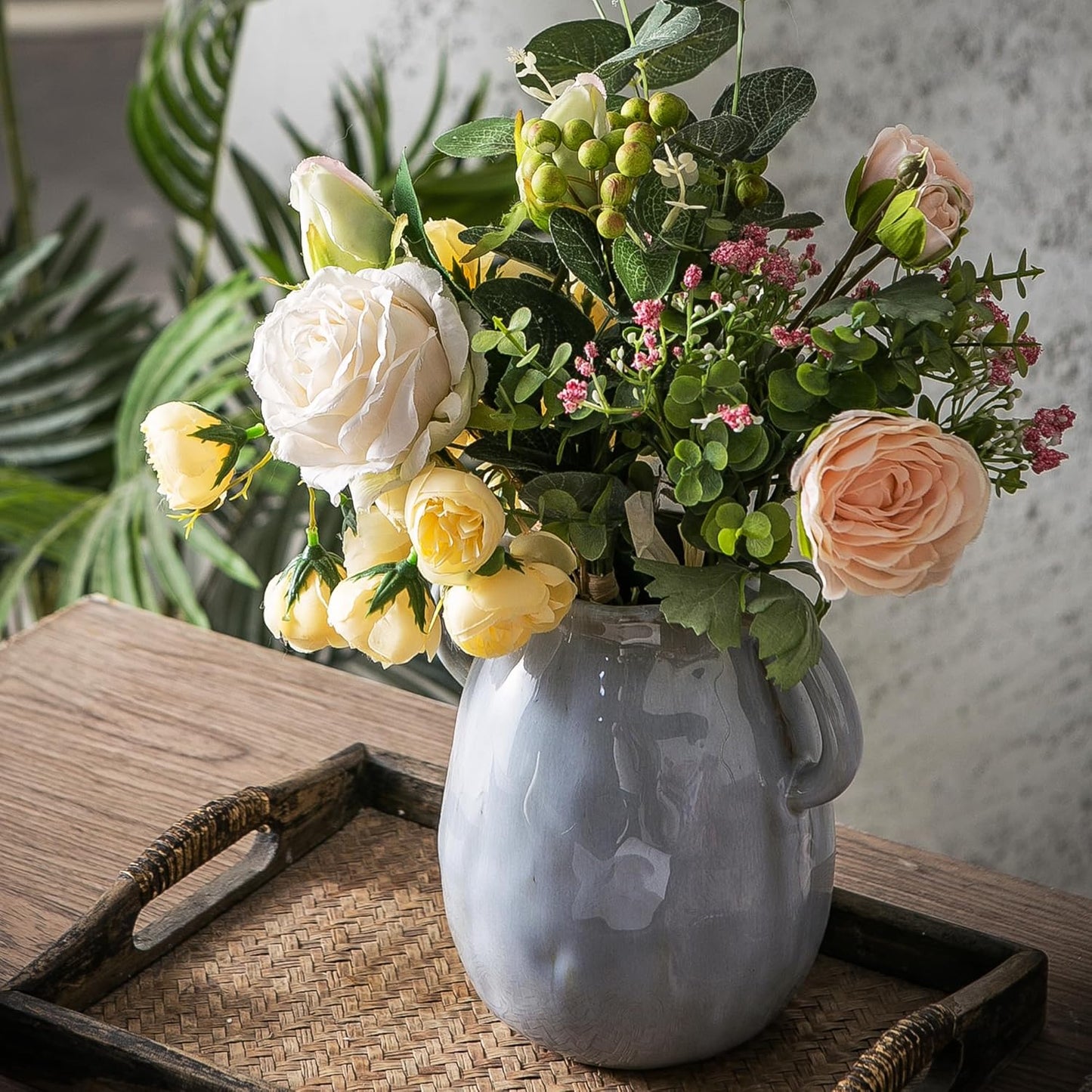 Kimdio Ceramic Vase with 2 Handles, Modern Farmhouse Grey Vase for Home Decor, Rustic Pottery Vase, Boho Decorative Terracotta for Flowers, Clay Pampas Grass Vases for Living Room Dining Table Shelves