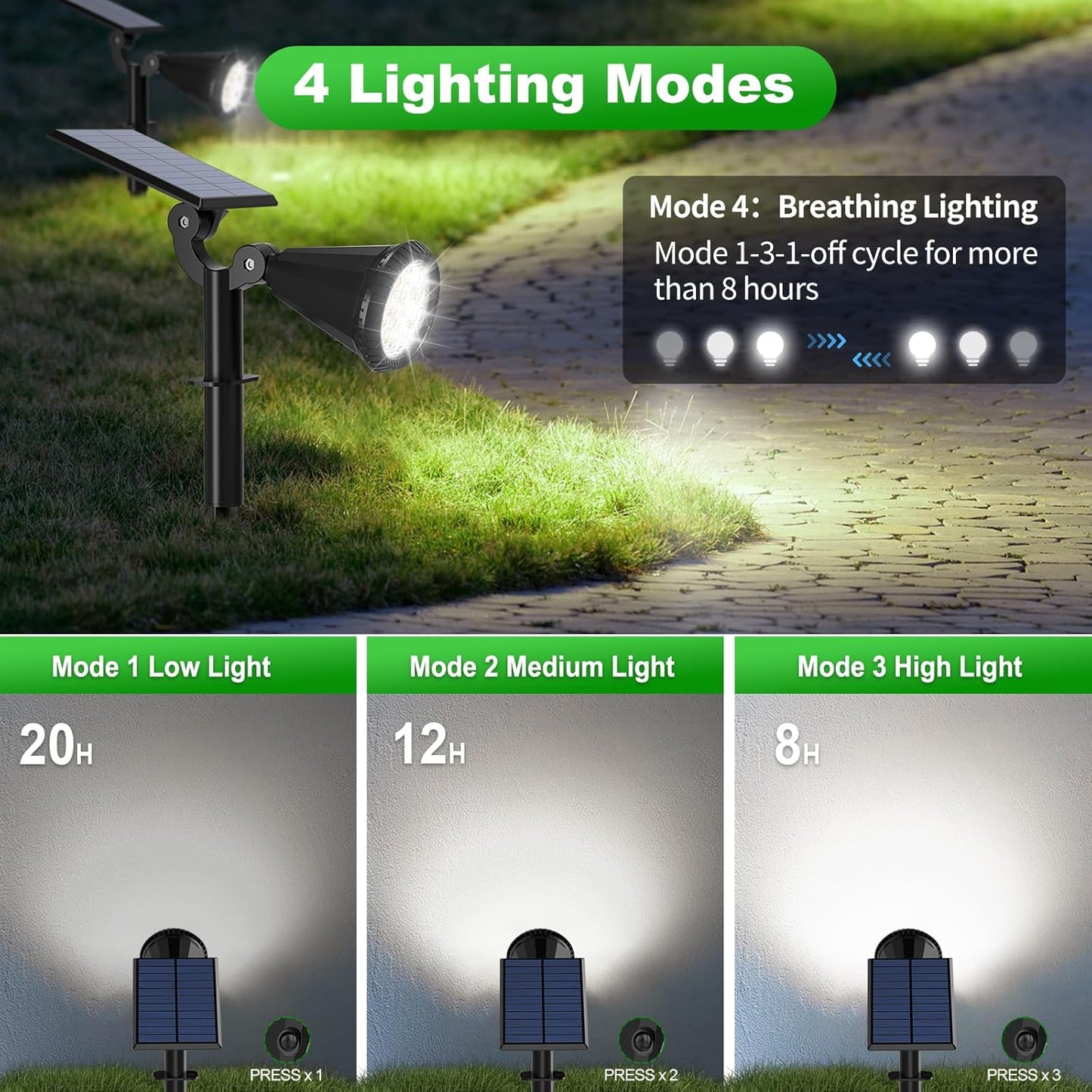 Solar Lights Outdoor Waterproof IP65 180° Adjustable Solar Powered Landscape Spot Lights for Yard 4 Lighting Modes Spotlights for Pathway Garden Outside Wall Pool Porch (8 Pack, Cool White)