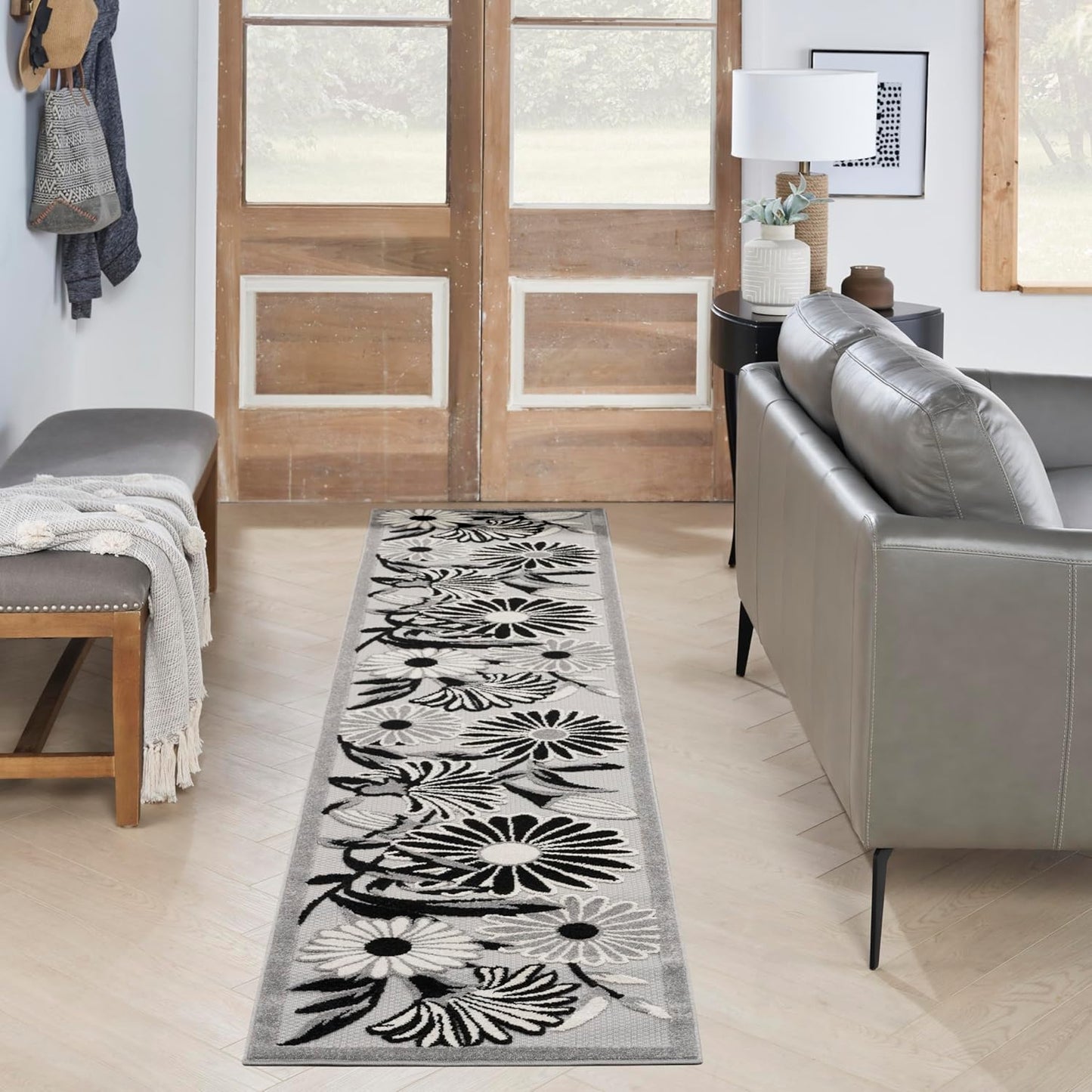 Nourison Home Aloha Black White 2' x 6' Area Rug Easy Clean, Non Shedding, Bed Room, Living Room, Dining Room, Kitchen (6' Runner)