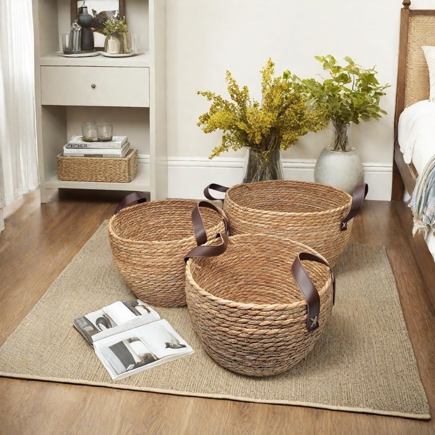 GIB Round Wicker Woven Seagrass Storage Baskets with Leather Handles Set of 3, Natural Decorative Braided Rope Wicker Baskets Bins for Shelves Blankets Organizing, 13", 12" & 11"