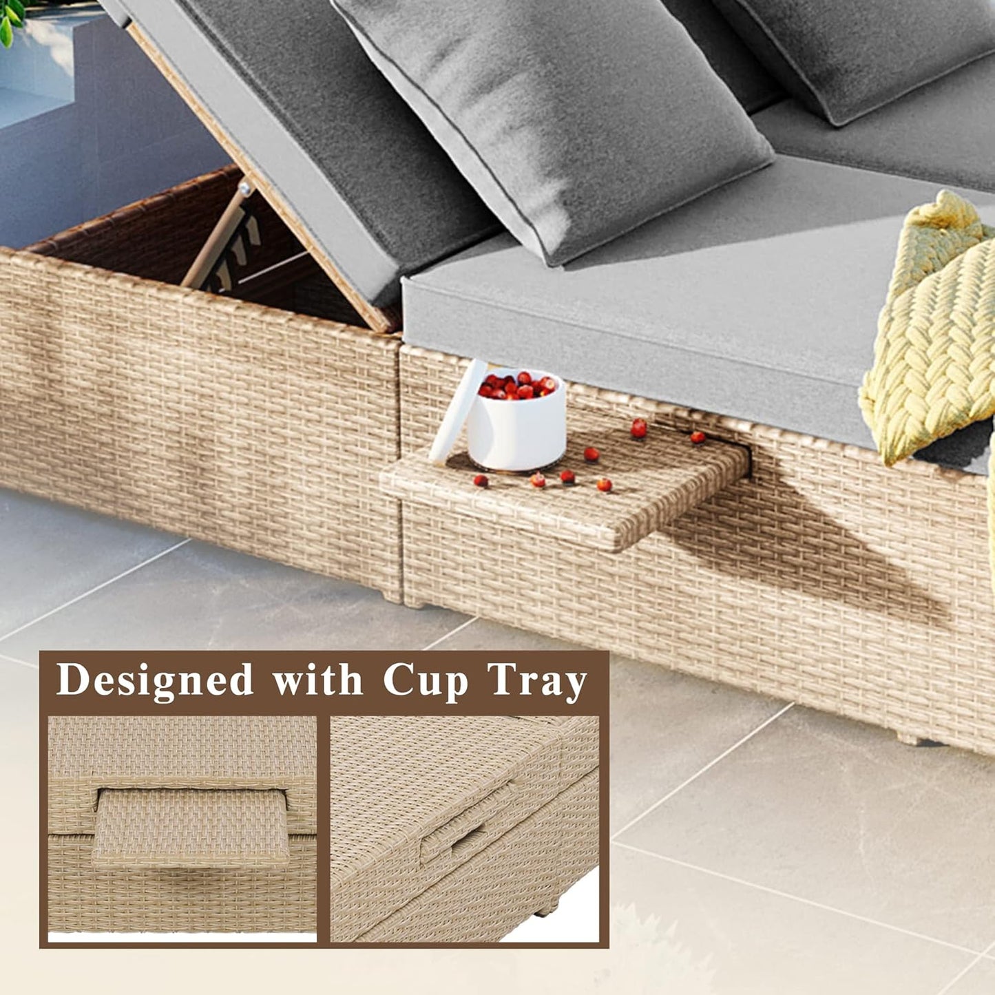 kevinplus Outdoor Daybed Patio Sunbed, Wicker Rattan Patio Reclining Chairs with Adjustable Backrest and Seat & Foldable Cupholder for Garden Poolside Balcony, Brown