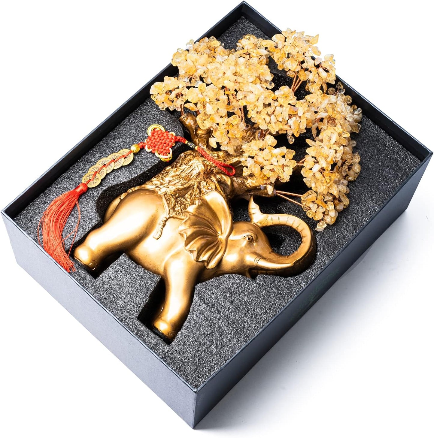 Citrine Crystal Money Tree on Gold Elephant Statue, 17”Large Gemstone Bonsai Tree of Life Home Décor Gifts for Wealth Positive Energy, Feng Shui Décor