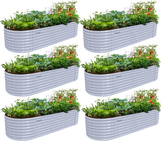 6 Pack 8x3x2FT Galvanized Raised Garden Bed Kit Oval Metal Ground Planter Box Outdoor Bottomless Planter Raised Beds for Vegetables Flowers Herbs Fruits, Gray