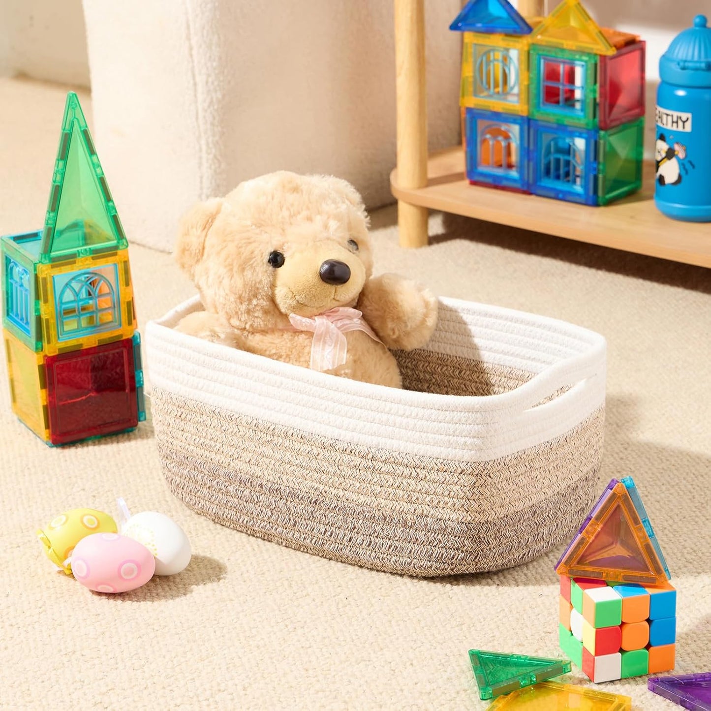 Small Storage Baskets for Organizing | Closet Organizer Bins | Shelf Toy Basket | Woven Rope Baskets | Cube Decorative Box | Shallow Basket | 13x8.5x5.1” | 4 Packs Gradient Brown