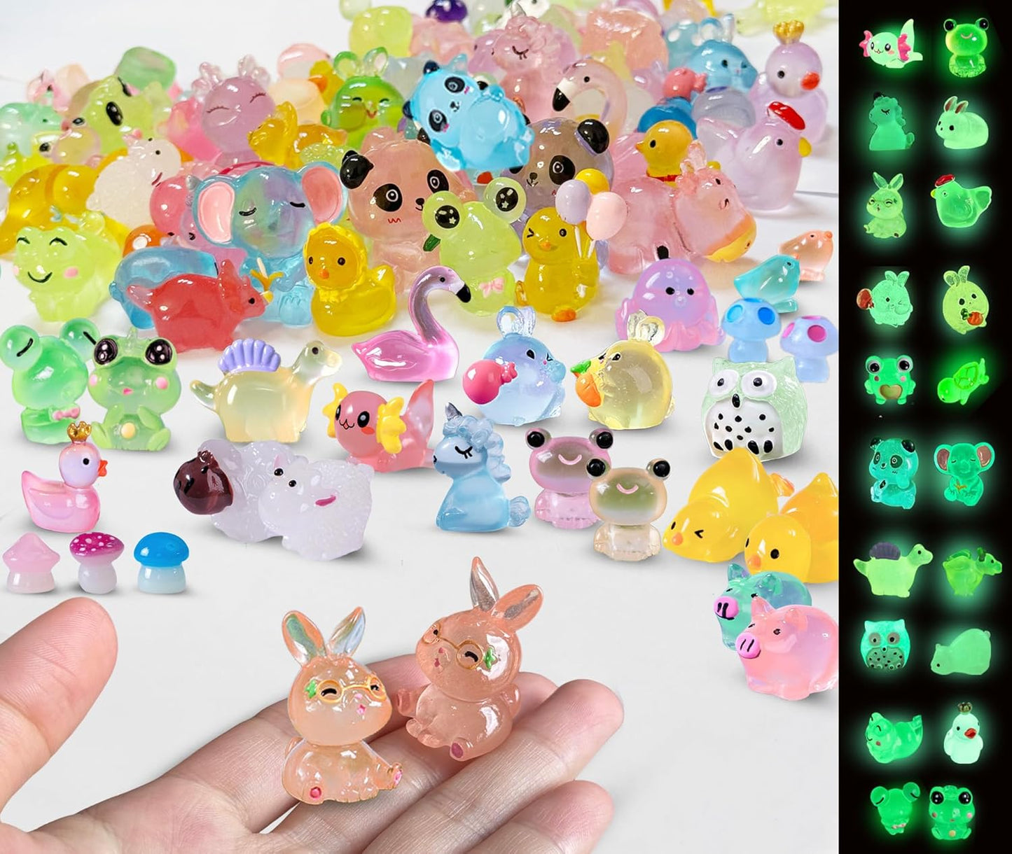 Luminous Mini Resin Animals 100 Pcs Tiny Animals Mini Ducks Owls Tiny Frogs Pandas Dinosaurs Small Birds Elephants Little Rabbits Glow in The Dark Garden Miniatures Fairy Garden Accessories