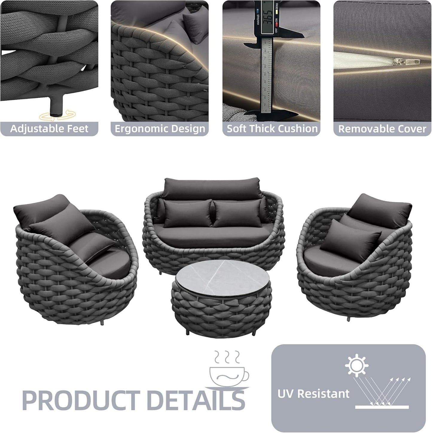 5 Pieces Patio Furniture Set, Outdoor Rope Conversation Sectional Patio Sofa with 5 Seater for Backyard, Porch, Modern Armchairs with Thickness Cushions and Side Table, Dark Grey
