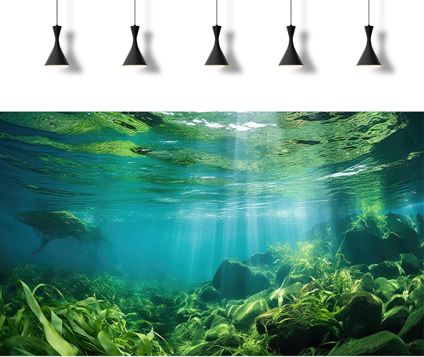 Under The Sea Fish Tank Background Aquatic Plants Deep Sea Aquarium Background Underwater Sunray Rock with Moss Terrarium Backgrounds Deep Ocean Floor Tropical Fish Tank Backgrounds 48x18in