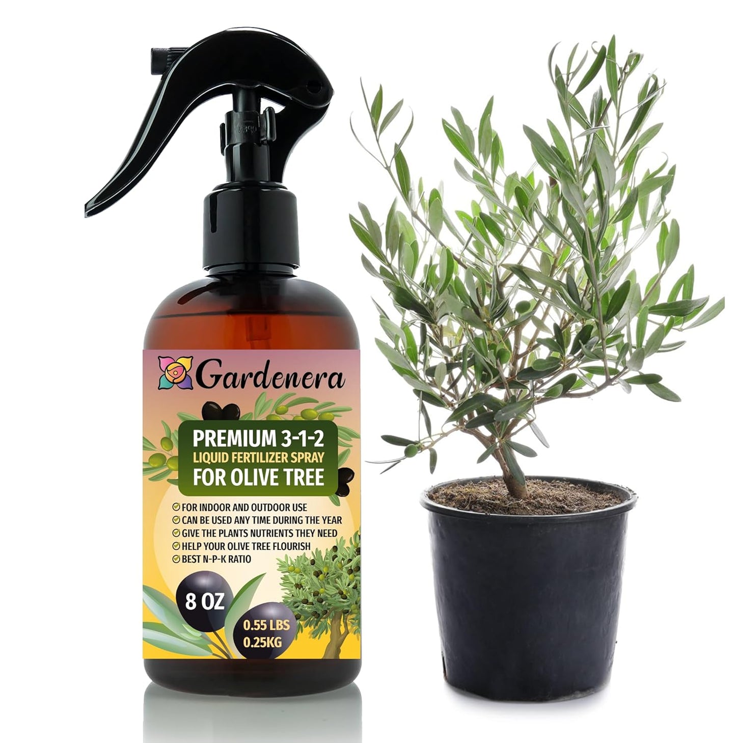 Professional Olive Tree Spray Fertilizer Mist for Home Gardening | 3-1-2 Gentle Blend Mist for Healthy Leaves & Growth | Essential Nutrients for Olive Trees - 8oz